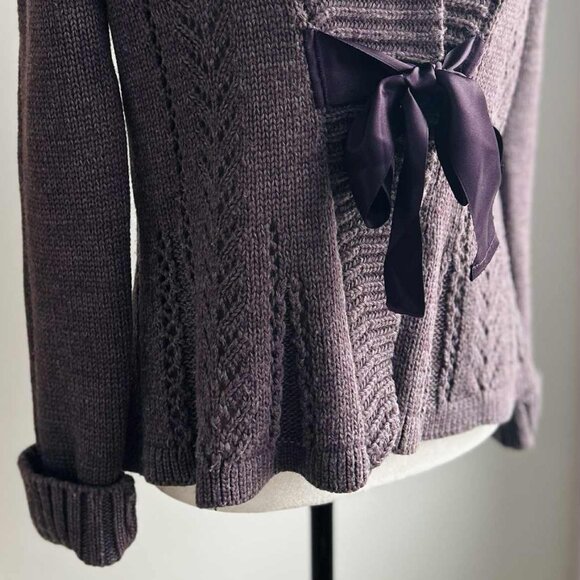 Bianco & Blu Smoky Plum Heather Lacy Knit Wool Cardigan with Satin Tie – EU M - Picture 2 of 11